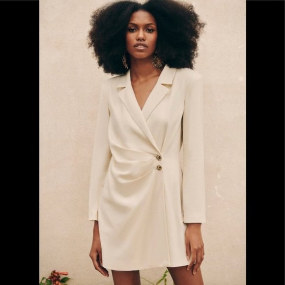 NEW ZARA LINEN BLEND BLAZER DRESS PLEAT BEIGE OFF WHITE IVORY 7875/939 SZ S - Picture 3 of 15